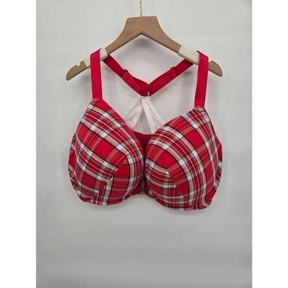 Cacique Bra Womens 42H Boost Plunge Red Tartan Plaid Lace Racerback